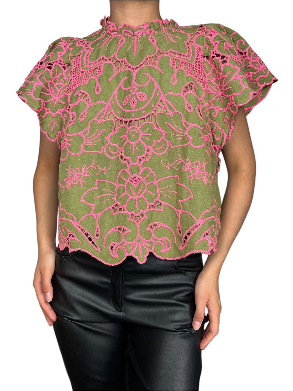 Anthropologie Lainie Lace Cutwork Blouse Olive Green Pink Size Small